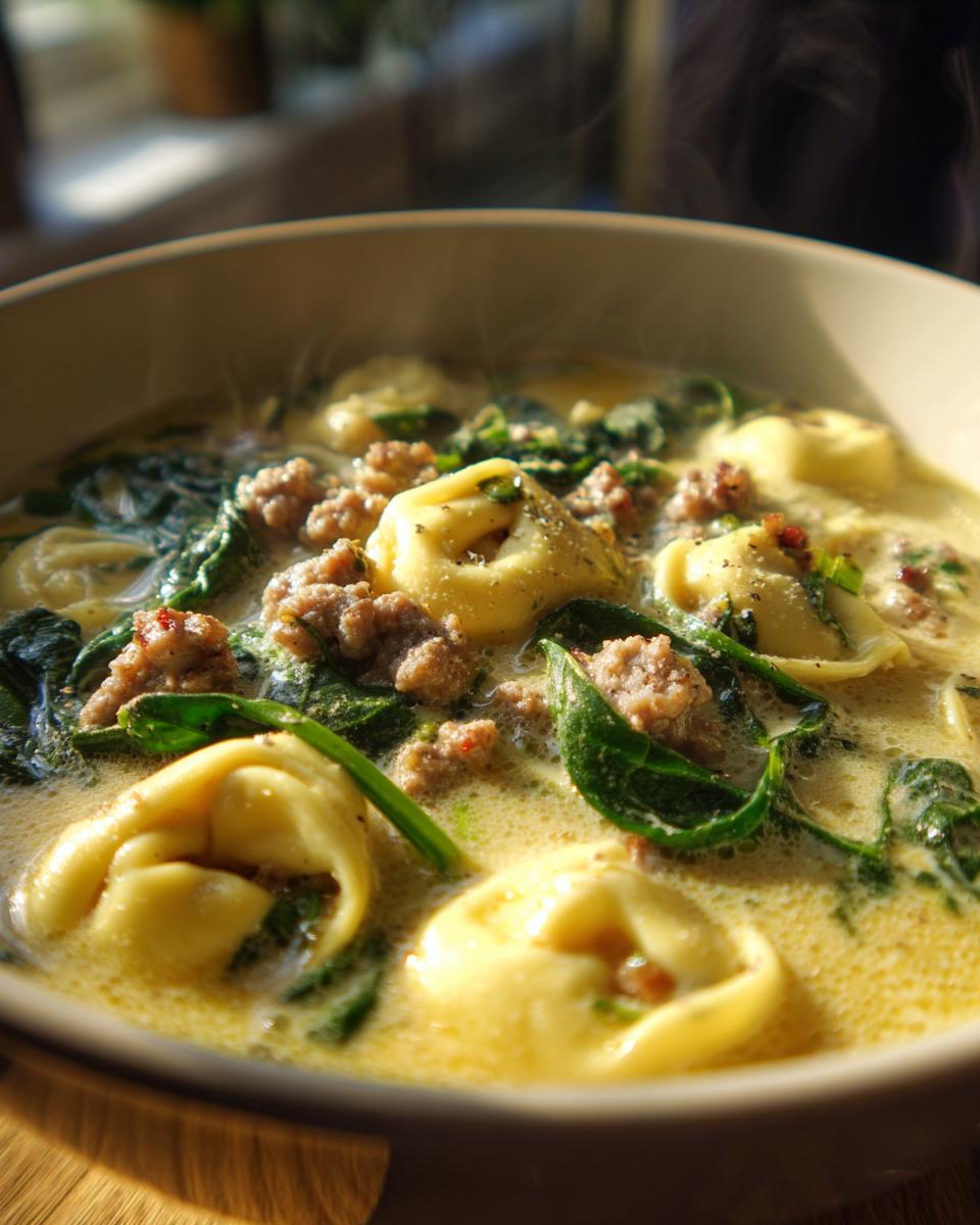 Close-up of hot italian sausage tortellini soup with spinach in a creamy broth, steam rising.