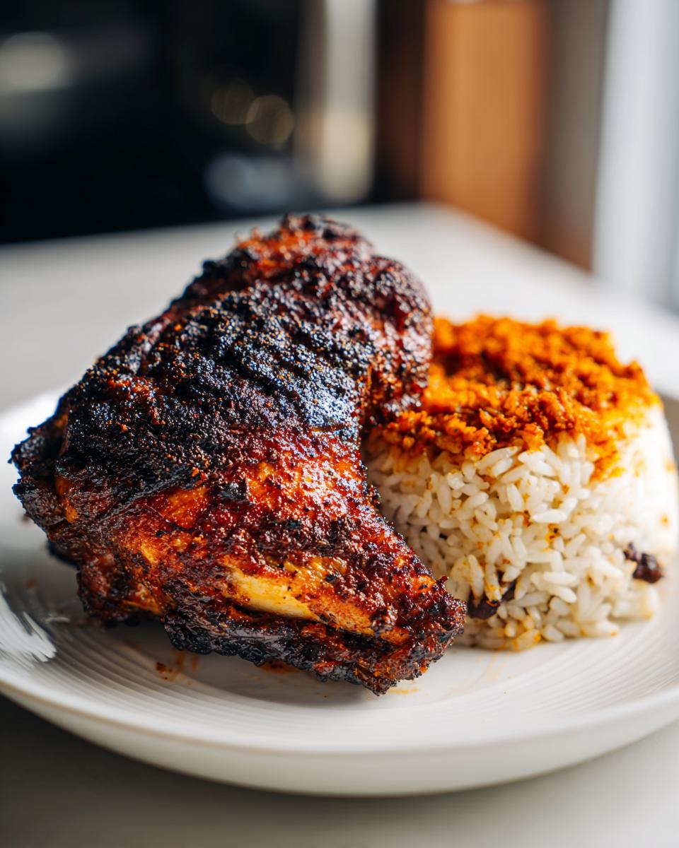 A close-up of a dark, charred piece of Jamaican jerk chicken served next to rice and peas on a white plate.