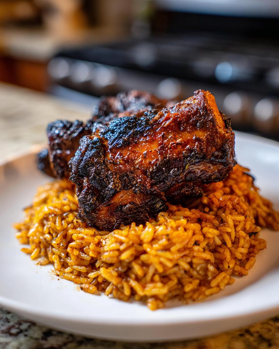 Close-up of perfectly charred Jamaican jerk chicken pieces resting on a bed of seasoned rice.