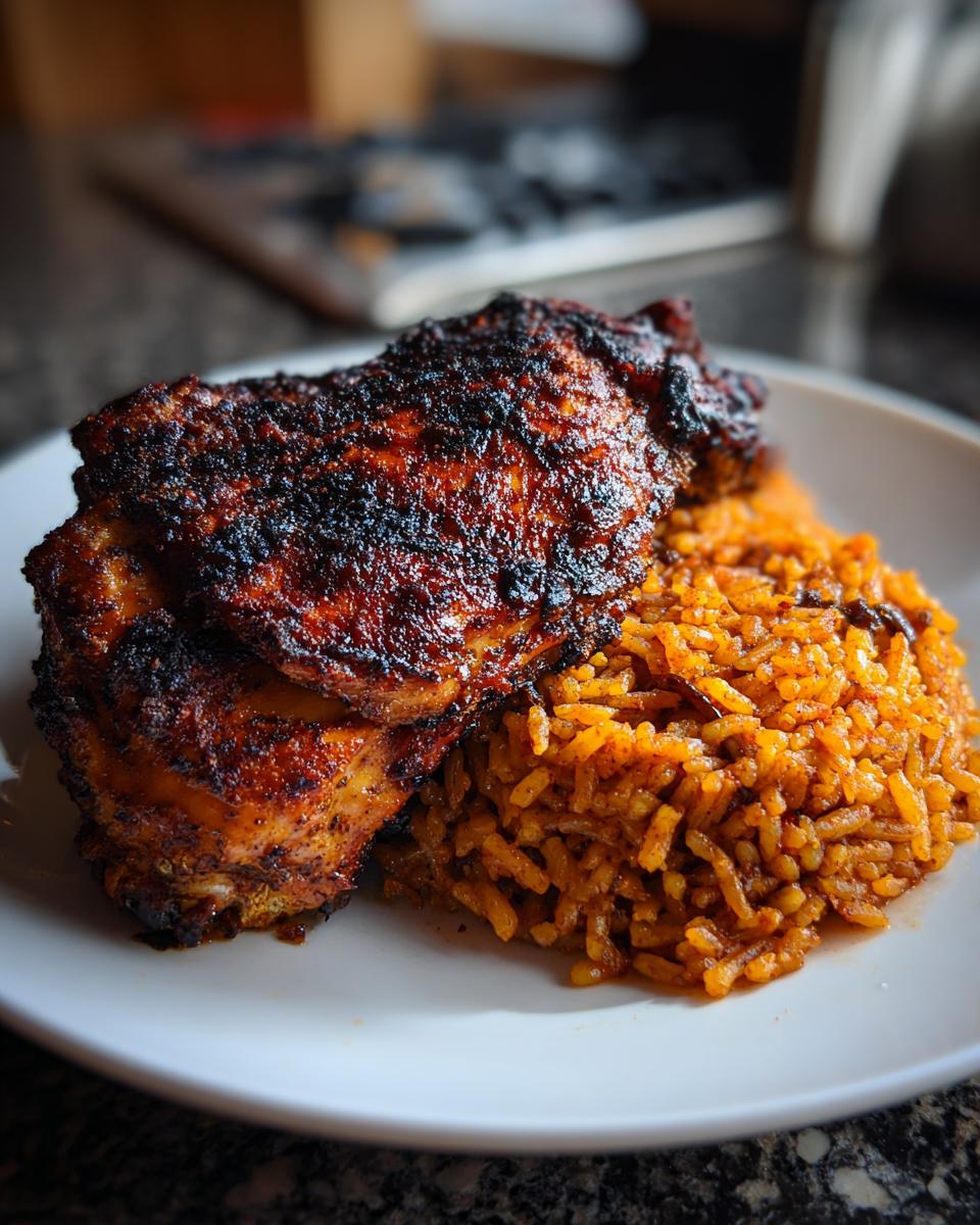 Close-up of perfectly charred Jamaican jerk chicken served next to a mound of seasoned rice on a white plate.