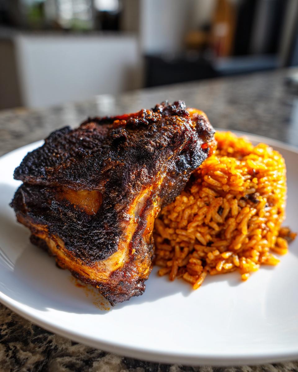 A close-up of a piece of dark, charred Jamaican jerk chicken served next to a mound of orange rice on a white plate.