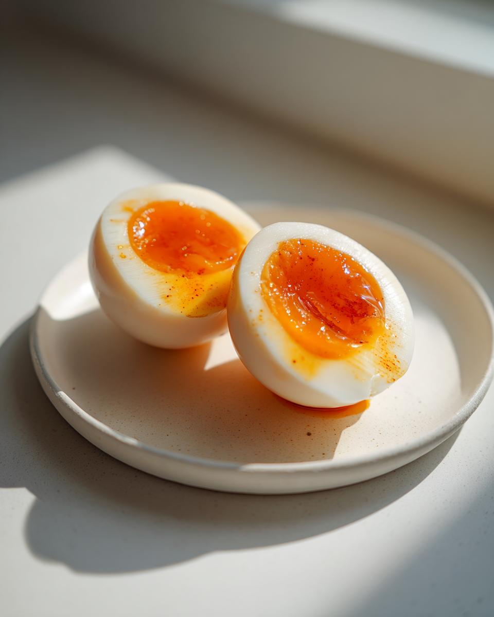 Two halves of soft-boiled marinated eggs showing a bright orange, jammy yolk, resting on a small ceramic plate.