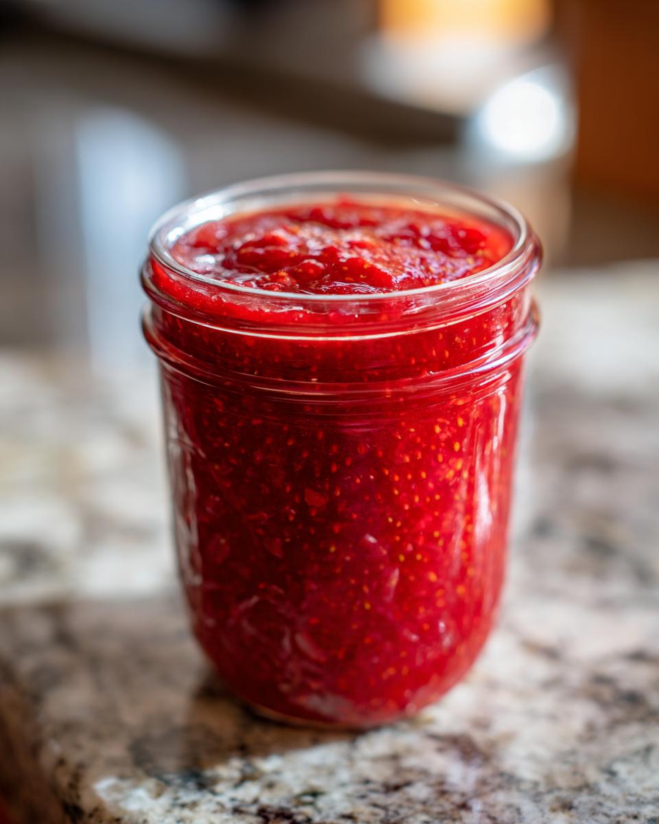 Close-up of a glass jar filled with bright red strawberry freezer jam sitting on a granite countertop.