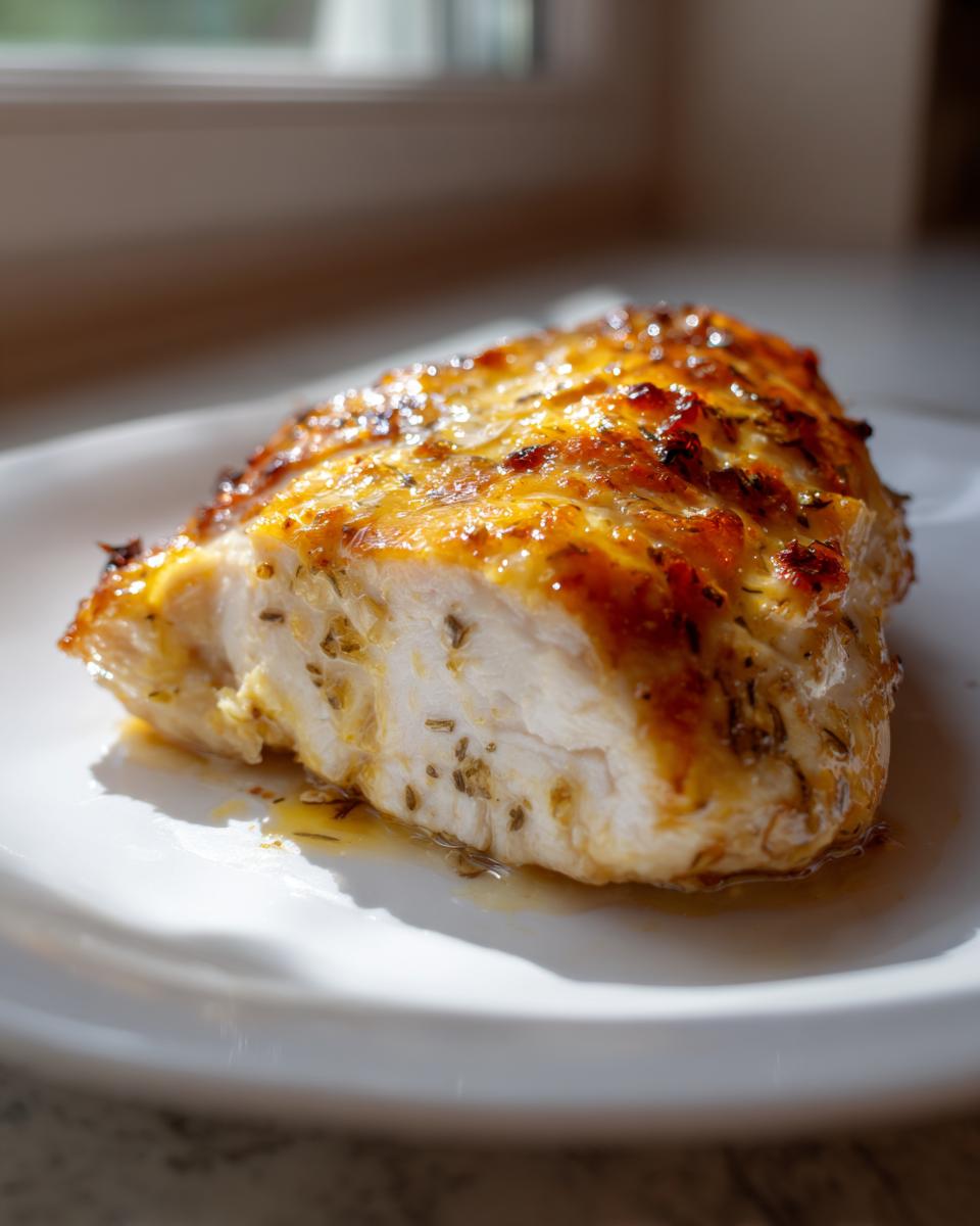 Close-up of a perfectly cooked baked chicken breast showing a moist interior and a golden, herb-flecked glaze.