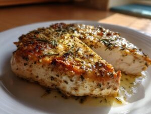 Close-up of a perfectly cooked baked chicken breast, sliced to show juicy white meat, seasoned with herbs.