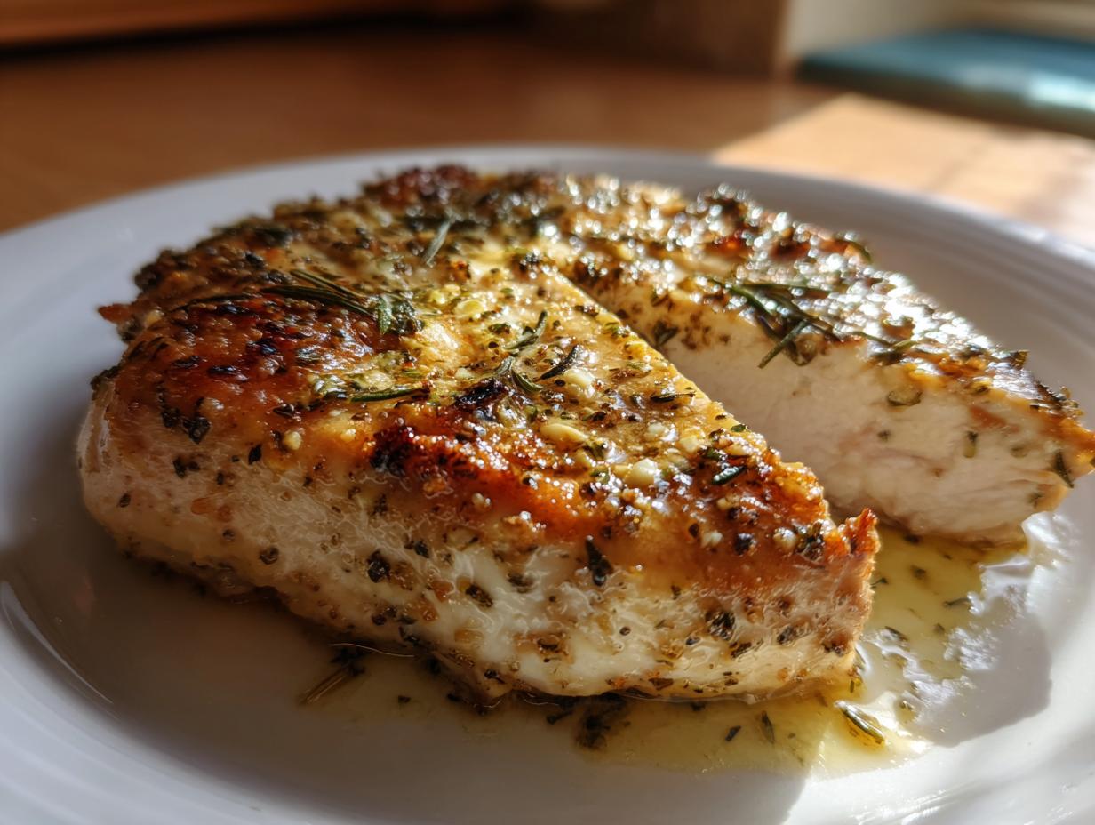 Close-up of a perfectly cooked baked chicken breast, sliced to show juicy white meat, seasoned with herbs.