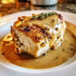 Close-up of a thick, juicy piece of chicken and gravy, topped with fresh thyme sprigs.
