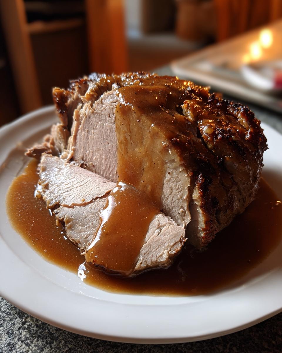 A thick slice of juicy crockpot turkey roast covered in rich brown gravy, served on a white plate.