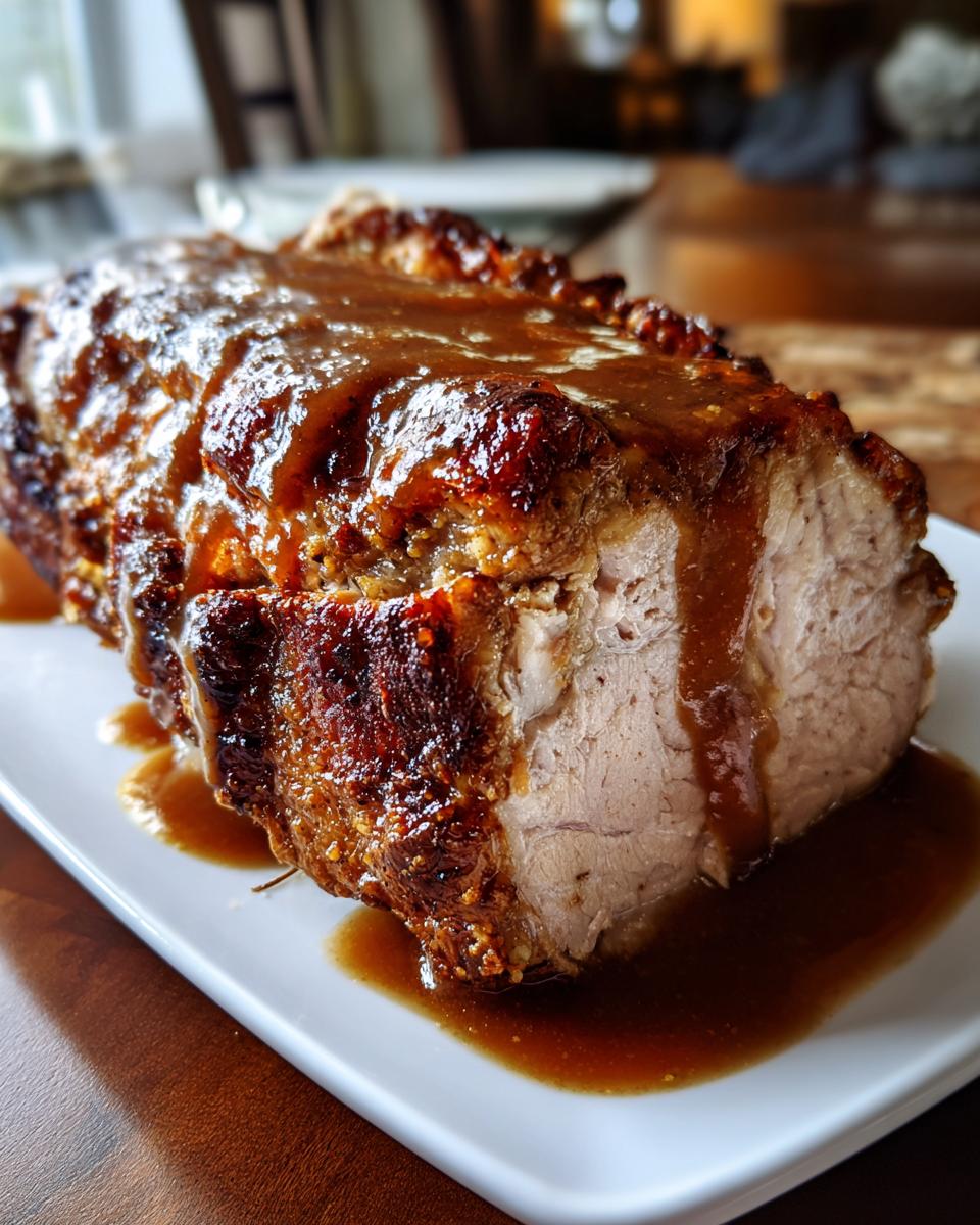 Close-up of a juicy crockpot turkey roast, sliced and covered in rich brown gravy, served on a white platter.