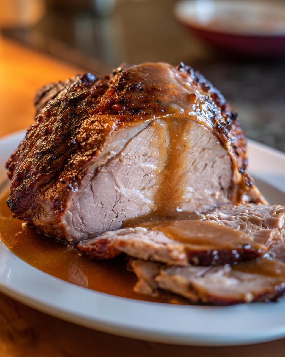 Close-up of a sliced, juicy crockpot turkey roast covered in rich brown gravy on a white plate.