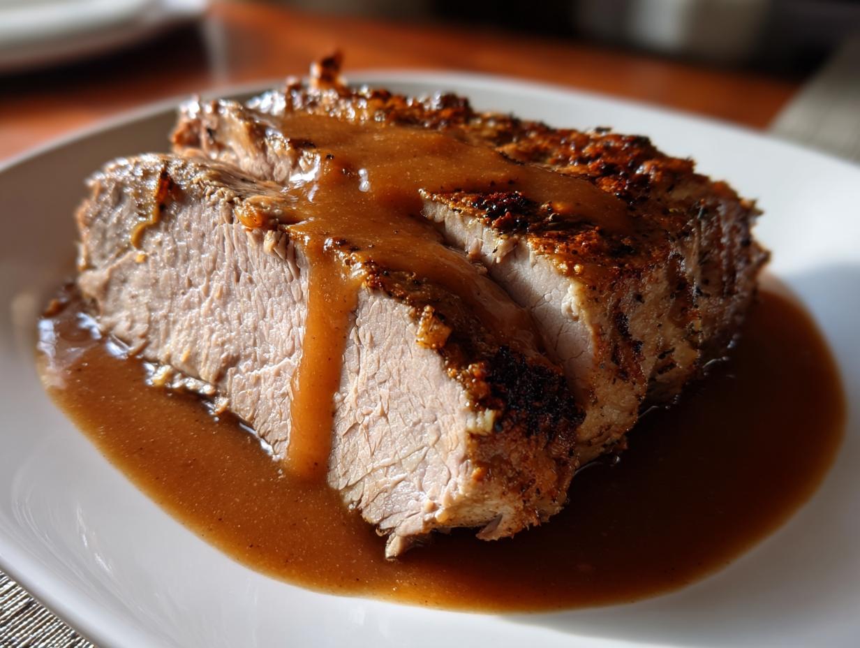 Close-up of two thick slices of juicy crockpot turkey breast covered in rich brown gravy on a white plate.