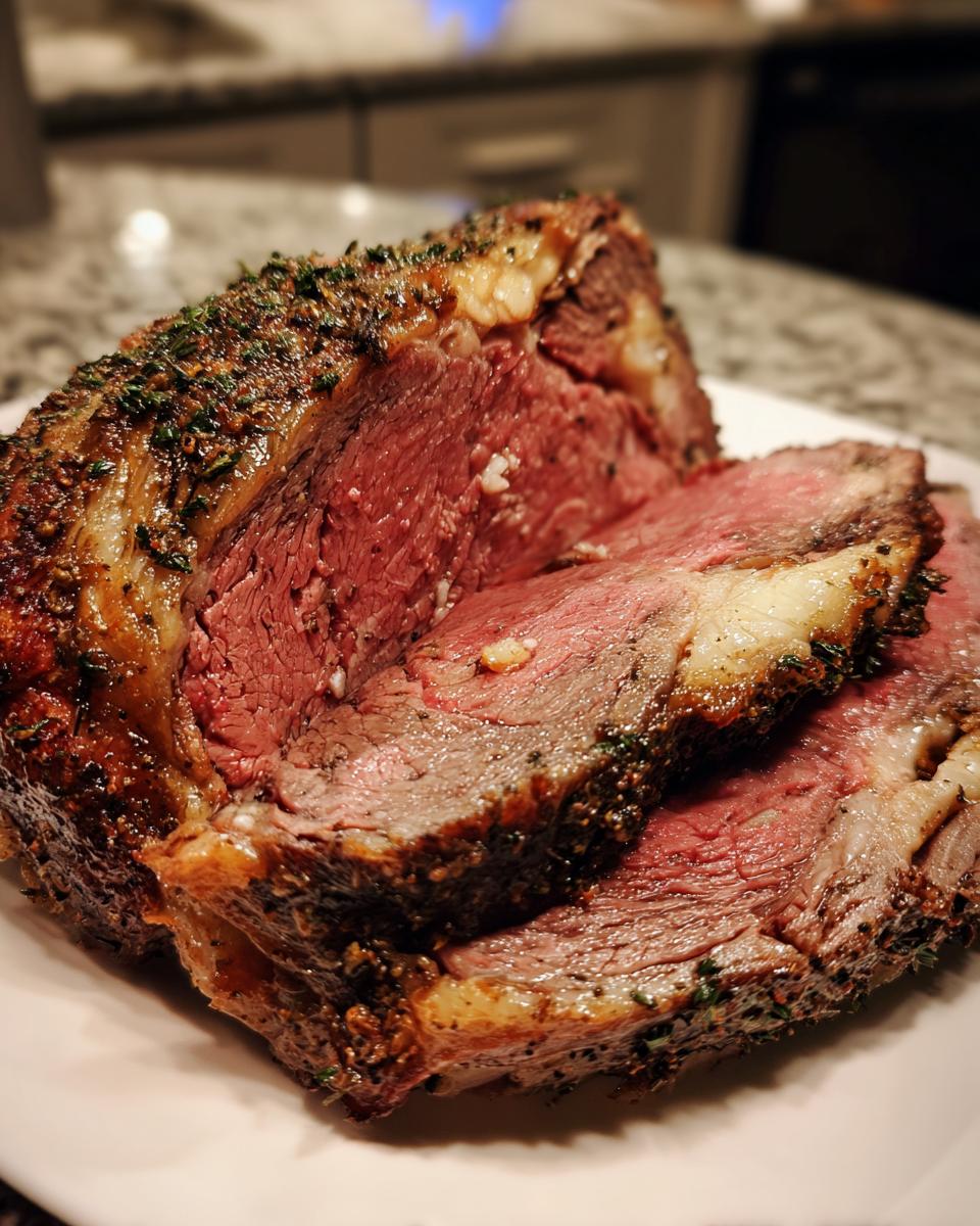 Close-up of a perfectly cooked prime rib recipe roast, showing a juicy, medium-rare center and herb crust.