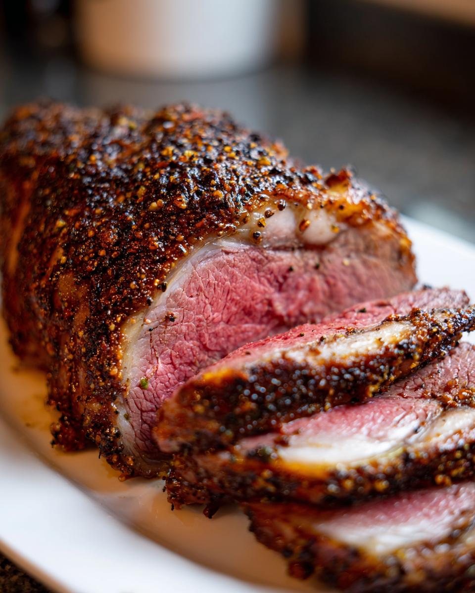 Close-up of a juicy prime rib recipe roast, sliced to show medium-rare interior and thick, dark spice rub crust.