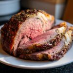 Close-up of a perfectly cooked prime rib recipe roast, sliced to show medium-rare pink center and herb crust.