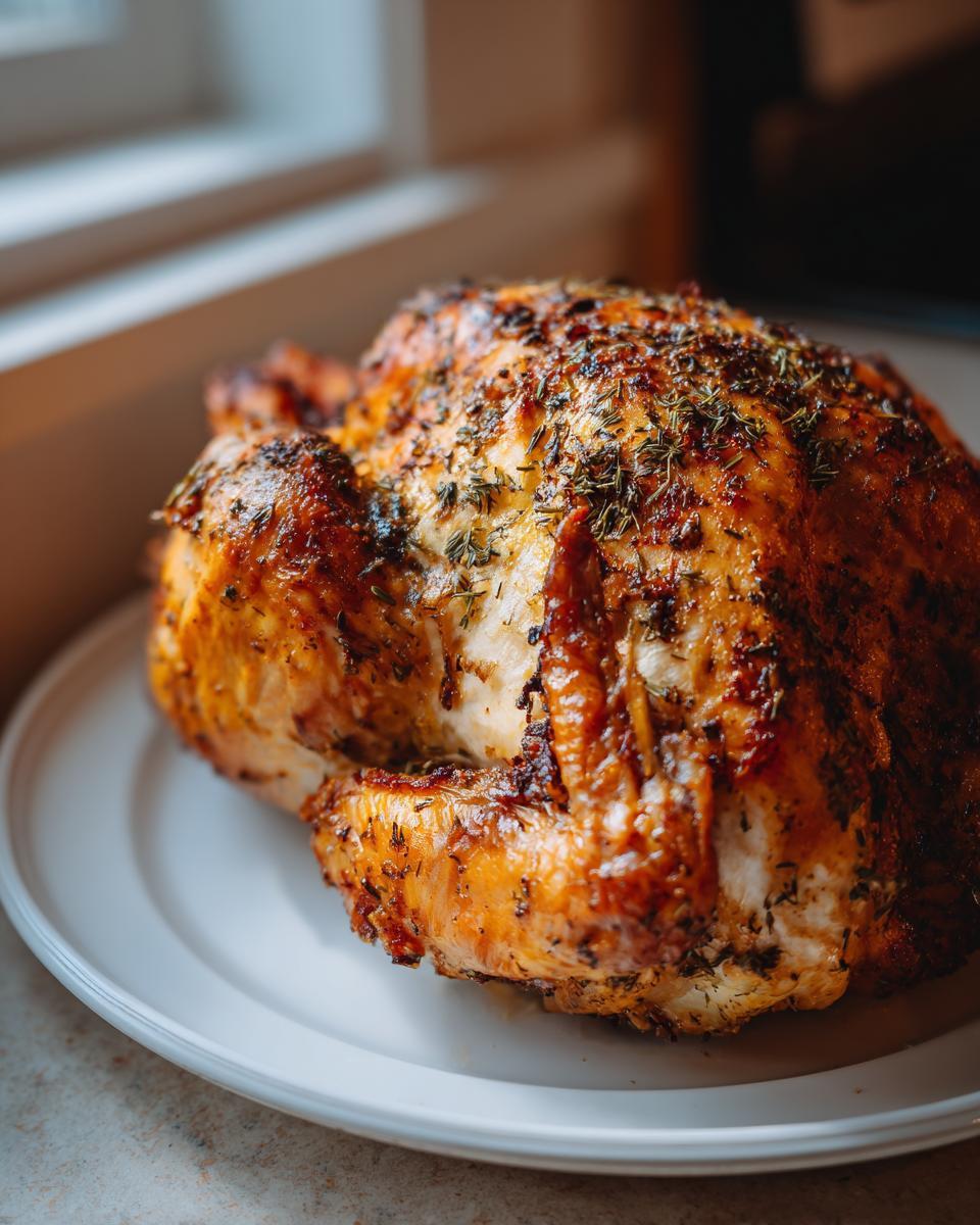 A perfectly roasted, golden-brown turkey seasoned with herbs, resting on a white platter.