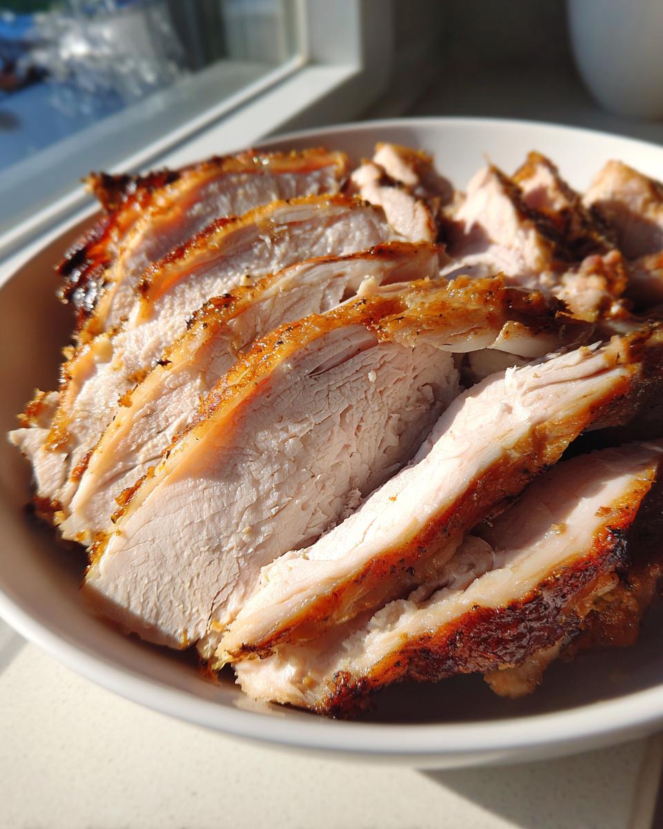 Close-up of perfectly cooked, juicy slices of slow cooker turkey breast with browned edges in a white bowl.