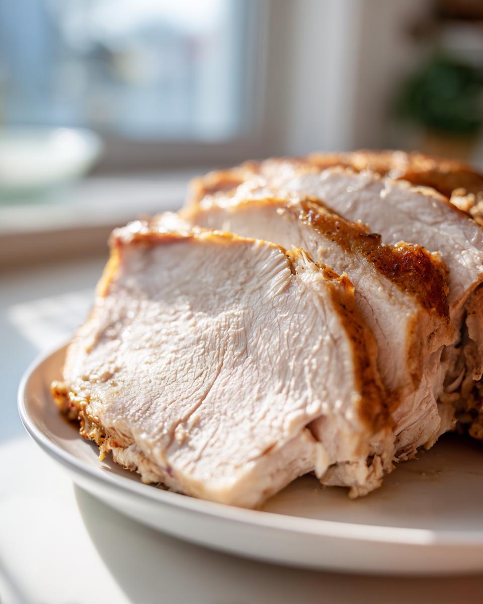 Close-up of thick, juicy slices of cooked slow cooker turkey breast on a white plate.