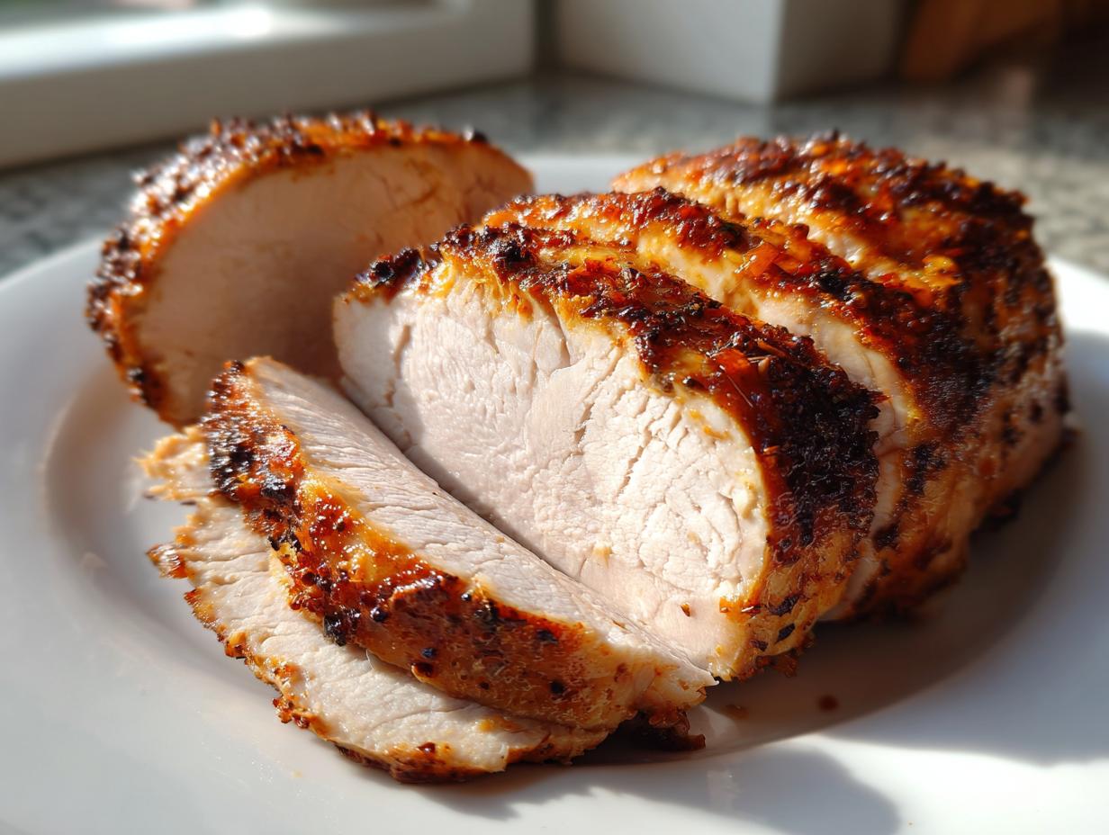 Close-up of moist, sliced slow cooker turkey breast with a dark, seasoned crust on a white plate.
