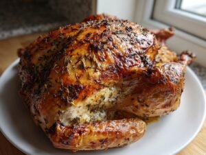 A perfectly roasted, golden-brown turkey glistening with herbs, ready to serve.
