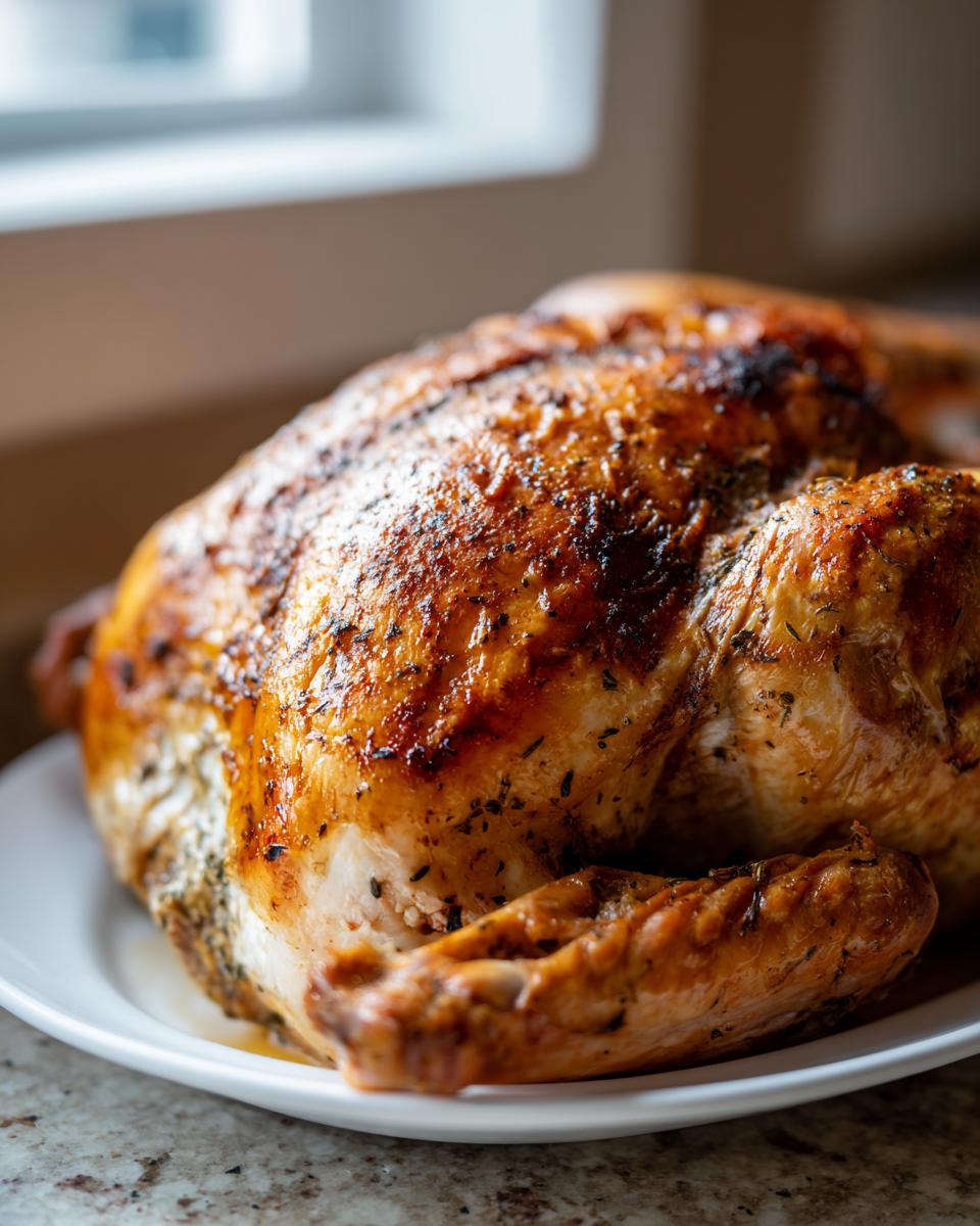 Close-up of a whole, perfectly roasted turkey with golden-brown, seasoned, and crispy skin resting on a white platter.