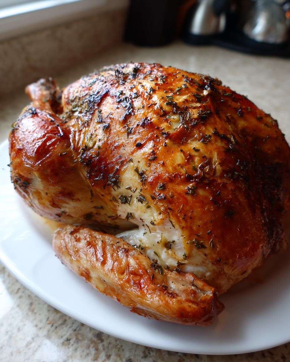 A whole roasted turkey with golden-brown, herb-crusted skin resting on a white platter.