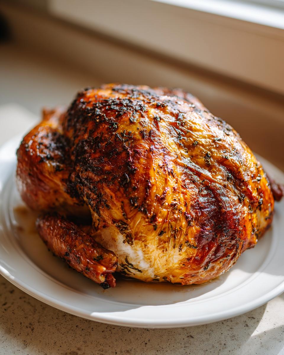 A beautifully roasted, golden-brown turkey with crispy, herb-rubbed skin resting on a white platter.