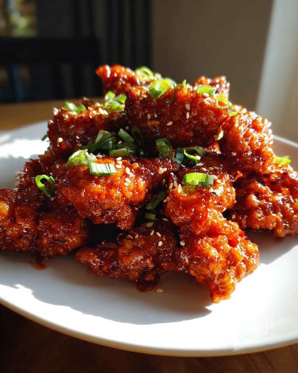 A pile of crispy, glossy Korean fried chicken recipe pieces covered in a red glaze, topped with green onions and sesame seeds.