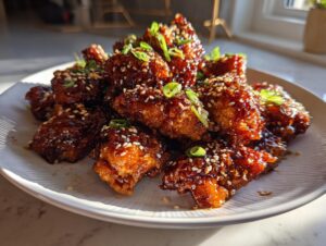 A plate piled high with glossy, saucy korean fried chicken recipe pieces, topped with sesame seeds and green onions.
