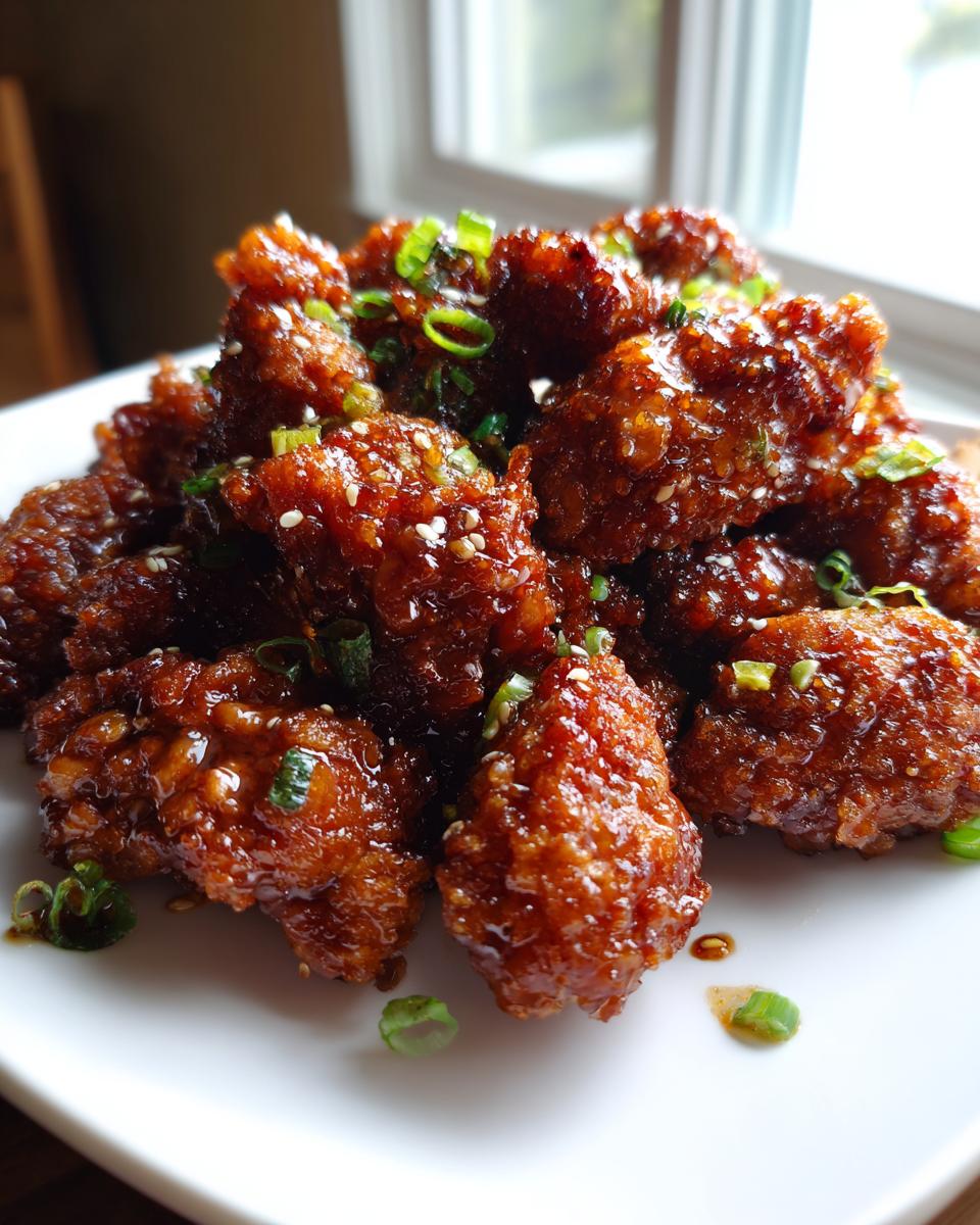 Close-up of crispy, glazed korean fried chicken recipe pieces topped with sesame seeds and green onions.