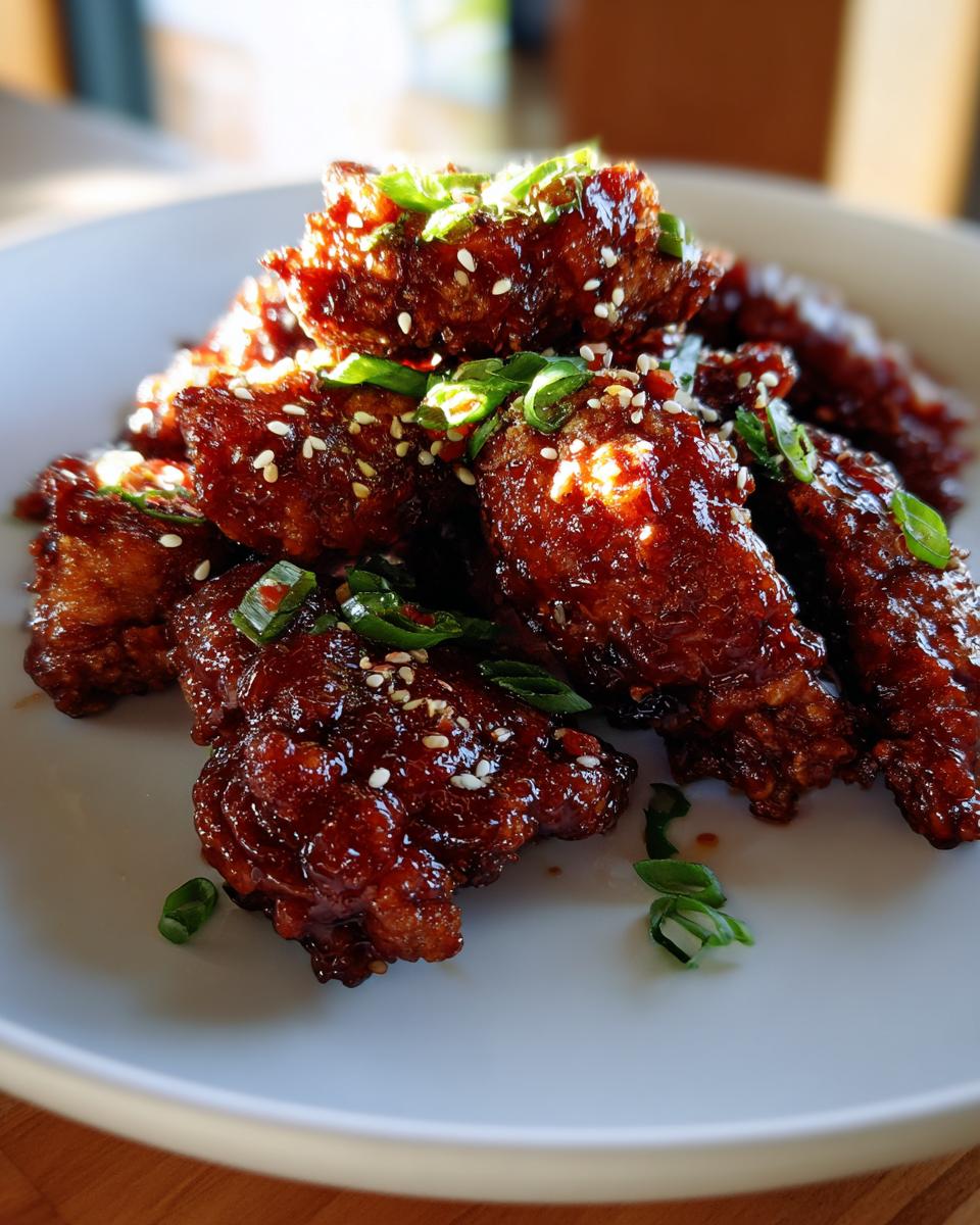 A pile of glossy, dark red Korean fried chicken recipe wings coated in sauce, topped with sesame seeds and green onions.