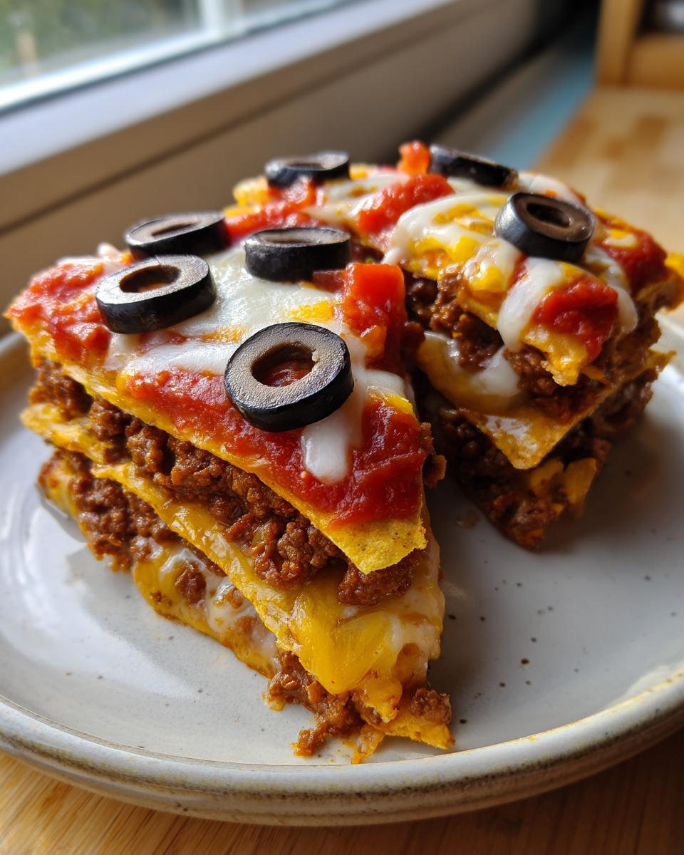 Two slices of layered mexican pizza featuring seasoned ground beef, melted cheese, salsa, and black olives.