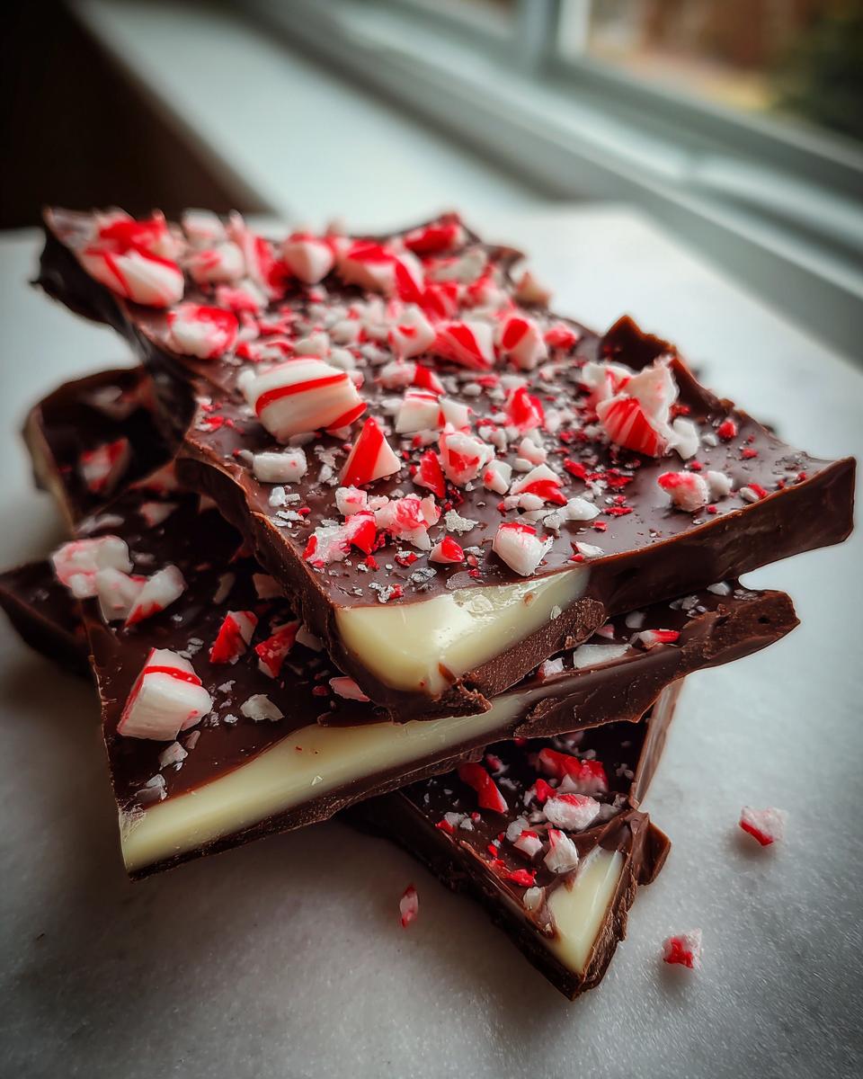 Stack of broken pieces of layered peppermint bark recipe showing dark chocolate, white filling, and crushed candy canes on top.