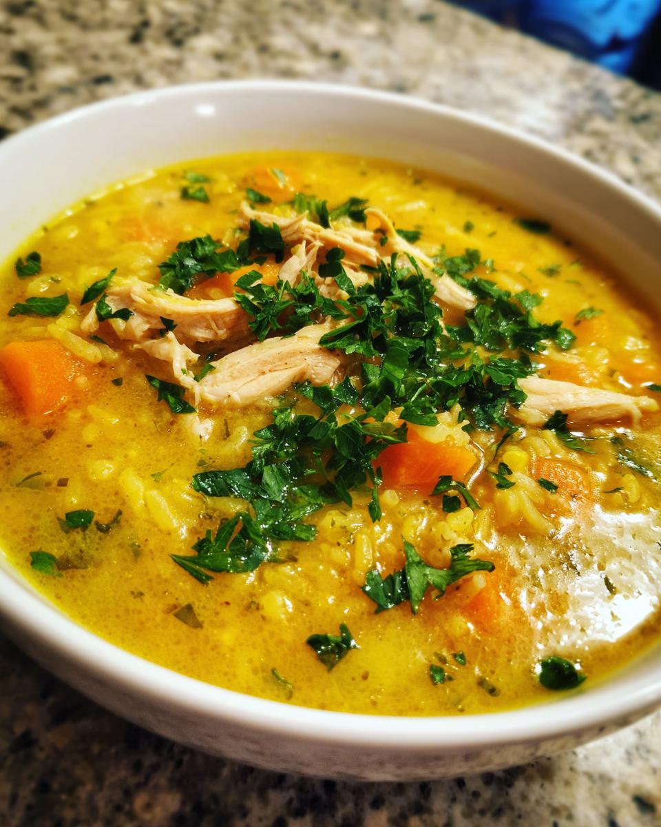Close-up of a vibrant yellow bowl of Lemon Ginger Turmeric Chicken and Rice Soup topped with shredded chicken and fresh parsley.