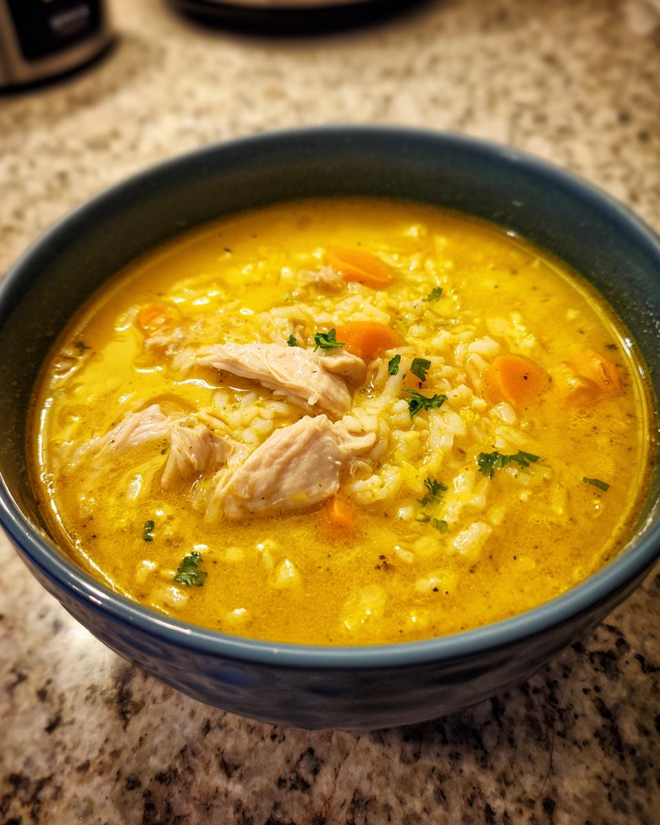 Close-up of a deep blue bowl filled with vibrant yellow Lemon Ginger Turmeric Chicken and Rice Soup, showing shredded chicken, rice, and carrots.