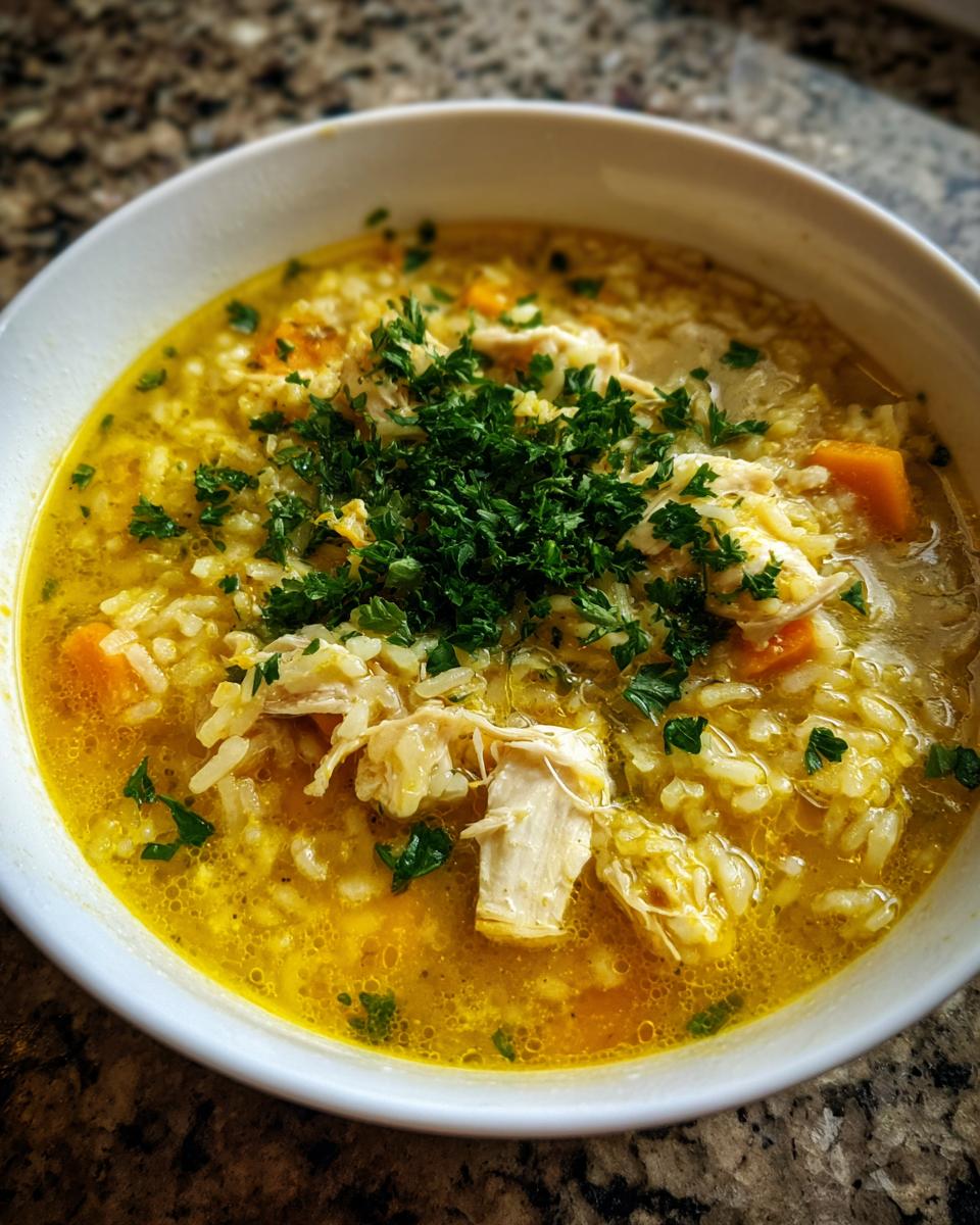 A close-up of a white bowl filled with vibrant yellow Lemon Ginger Turmeric Chicken and Rice Soup, topped with shredded chicken and fresh parsley.