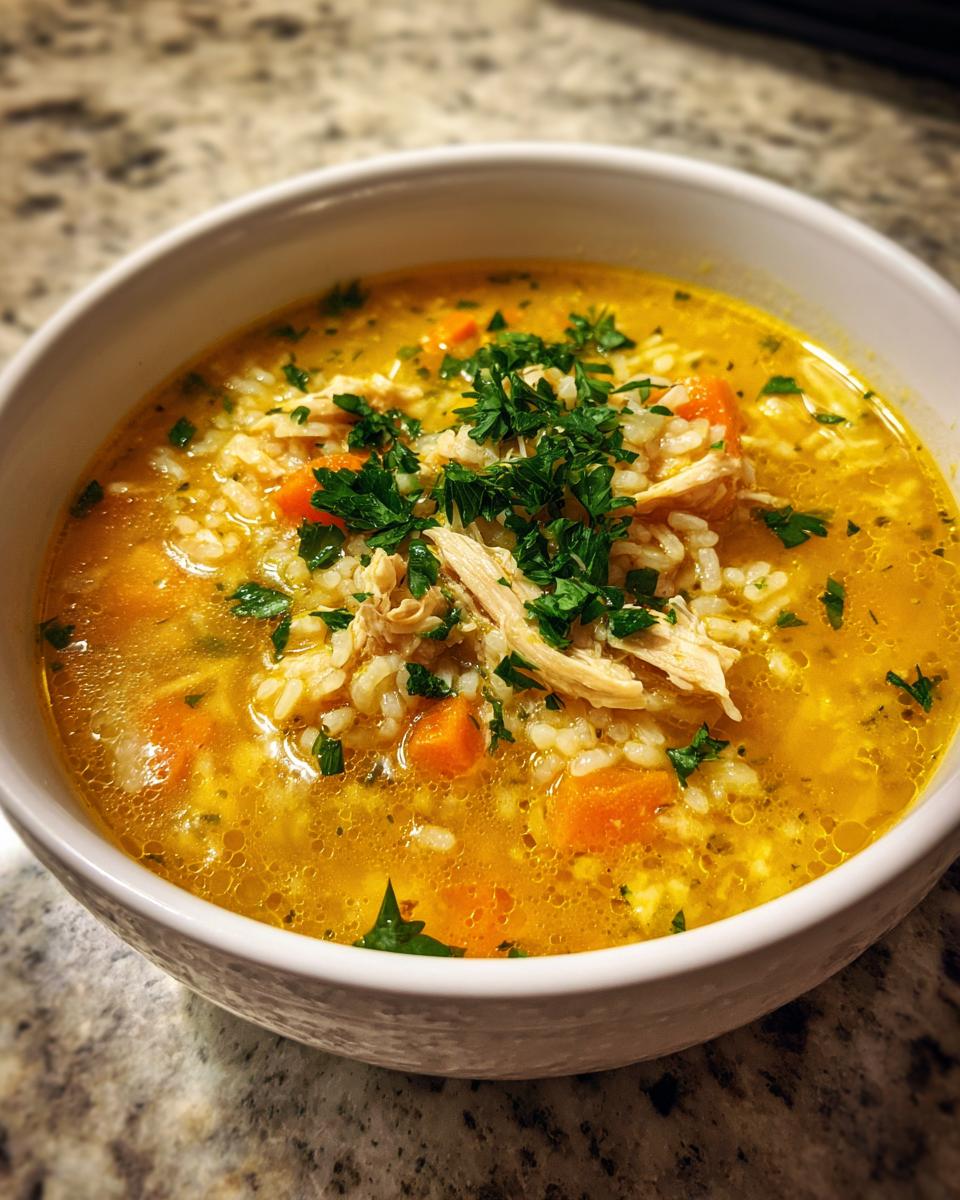 Close-up of a white bowl filled with vibrant yellow Lemon Ginger Turmeric Chicken and Rice Soup, topped with shredded chicken, rice, carrots, and parsley.