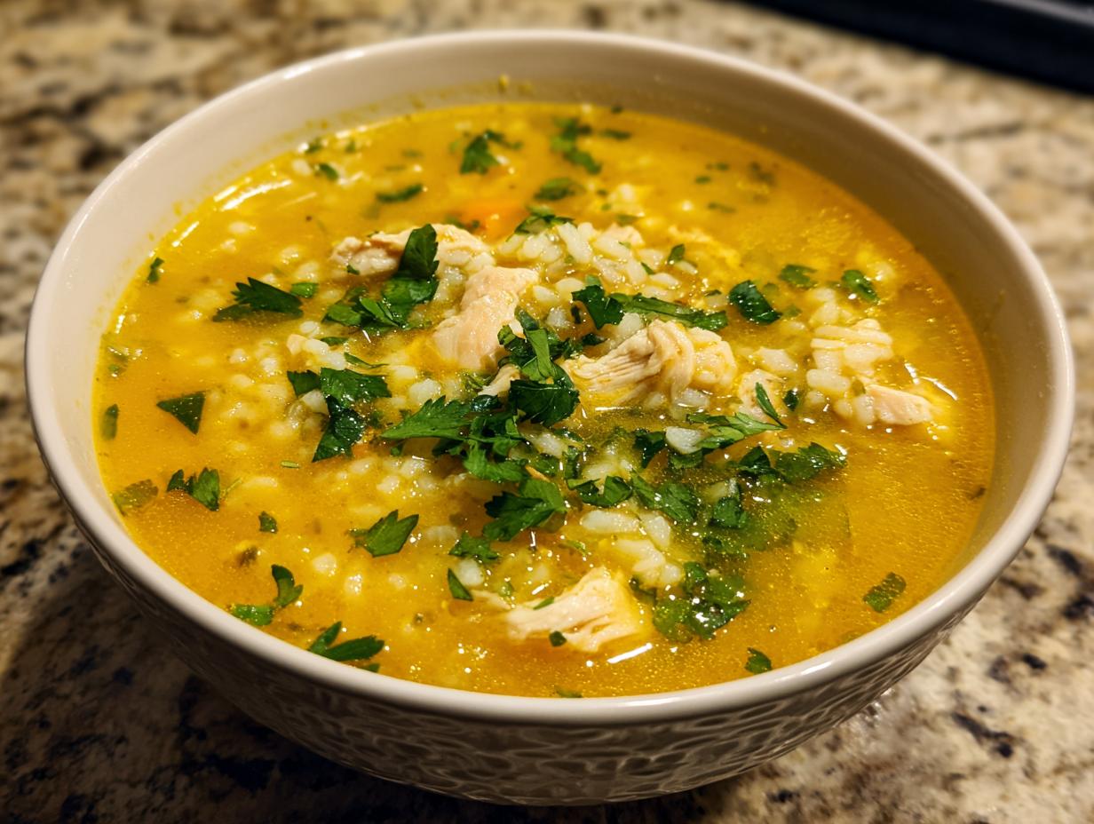 Close-up of a bowl of vibrant yellow Lemon Ginger Turmeric Chicken and Rice Soup topped with shredded chicken, rice, and fresh parsley.