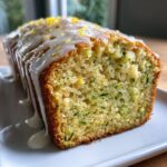 Close-up of a freshly baked loaf of lemon zucchini bread topped with white glaze and lemon zest.