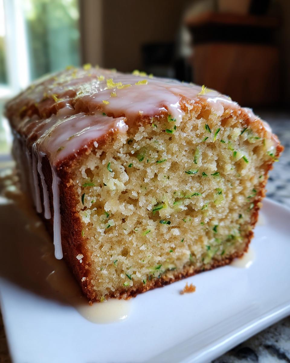 Close-up of a slice of moist lemon zucchini bread topped with a thick lemon glaze and zest.