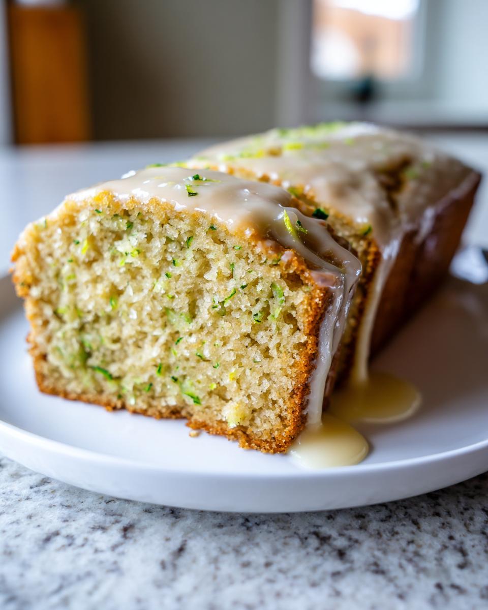 Close-up of a slice of moist lemon zucchini bread topped with a thick, dripping lemon glaze.