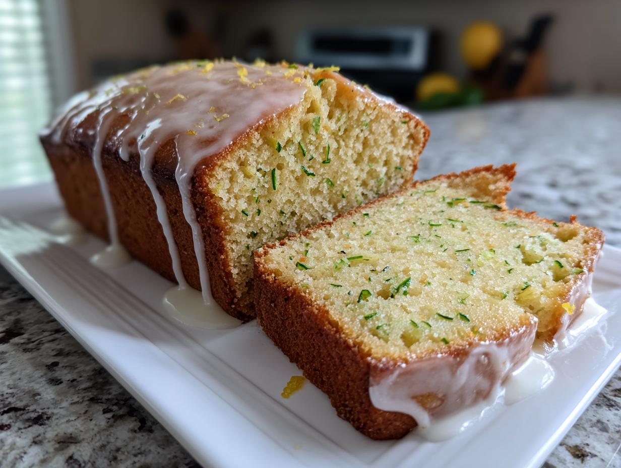 A loaf of moist lemon zucchini bread, partially sliced, drizzled with a thick lemon glaze and topped with zest.