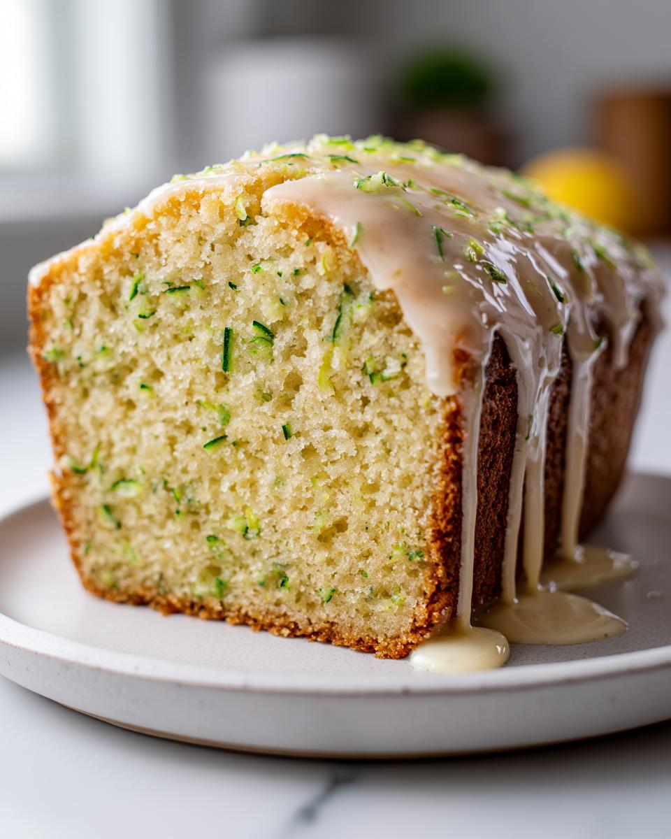 Close-up of a slice of moist lemon zucchini bread topped with a thick, dripping glaze and lemon zest.