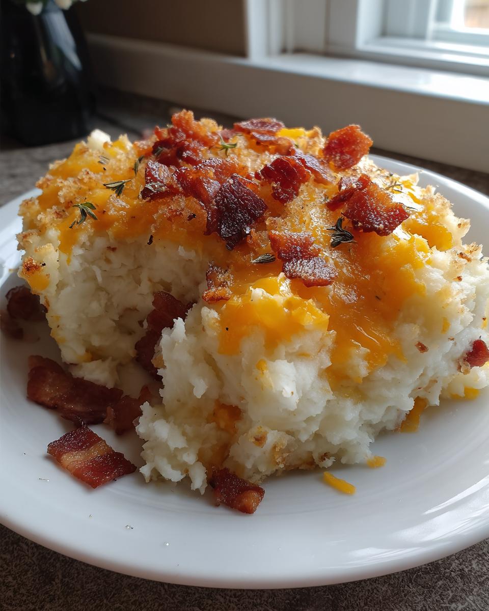 A generous serving of baked mashed potatoes topped with melted cheddar cheese, crispy bacon bits, and herbs.