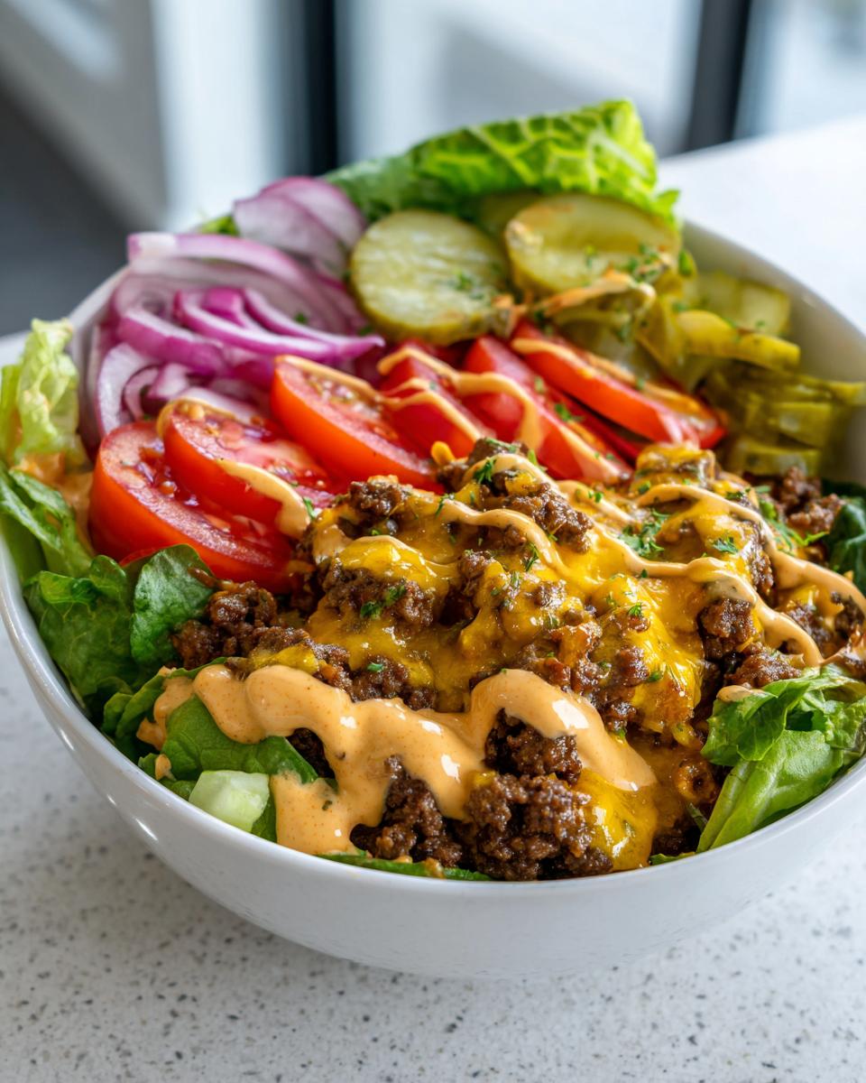 A close-up view of a delicious cheeseburger bowl featuring seasoned ground beef, melted cheddar cheese, lettuce, tomatoes, red onion, and pickles.
