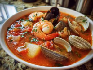 Close-up of a vibrant, tomato-based seafood soup featuring shrimp, clams, mussels, and chunks of potato.