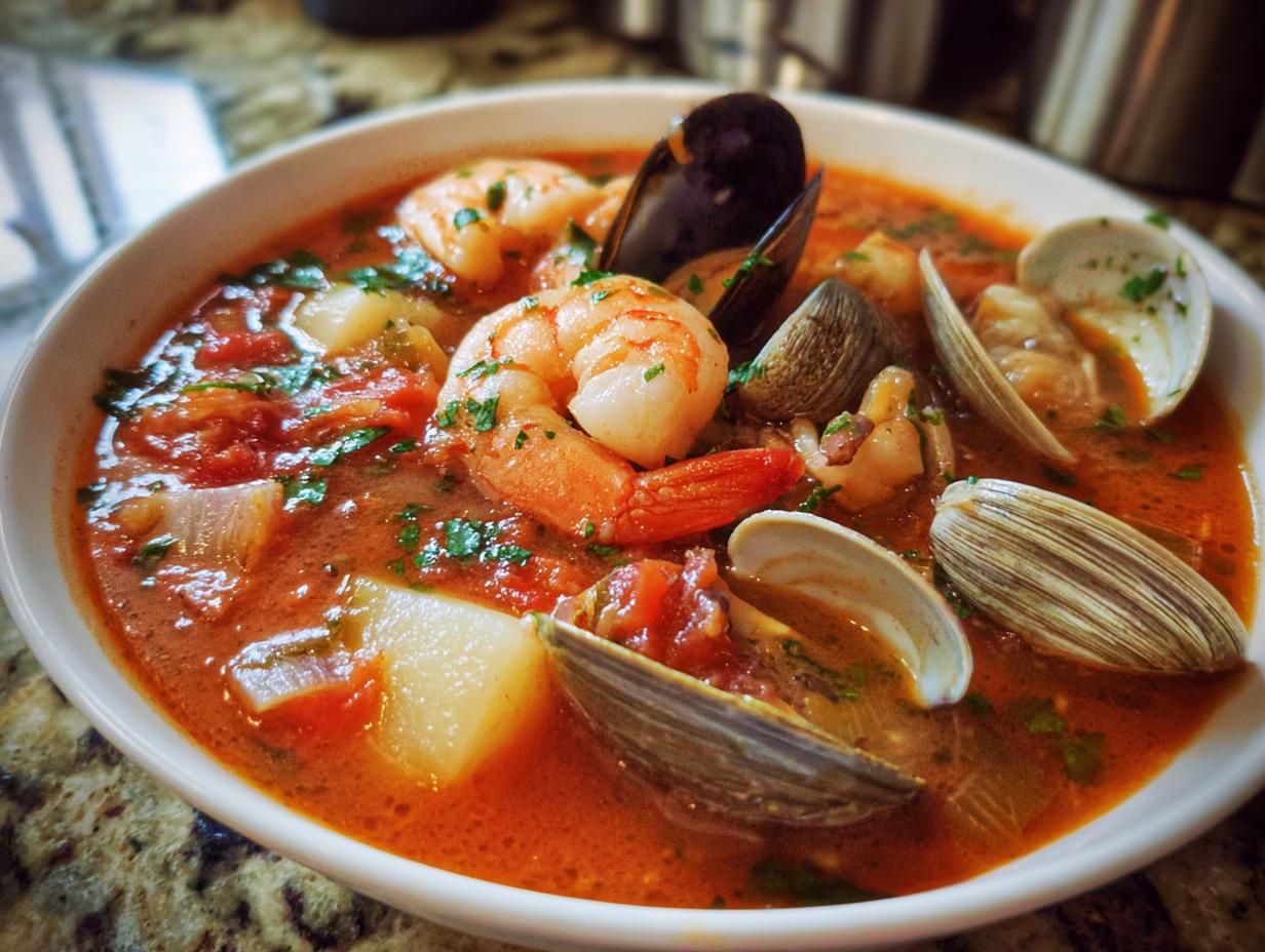 Close-up of a vibrant, tomato-based seafood soup featuring shrimp, clams, mussels, and chunks of potato.