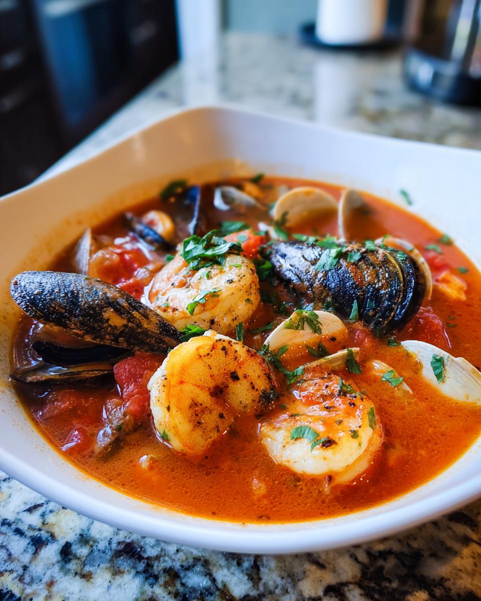 Close-up of a rich, red broth seafood soup featuring plump shrimp, mussels, and clams, garnished with parsley.