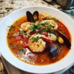 A close-up of a vibrant, tomato-based seafood soup featuring large shrimp and mussels, garnished with fresh parsley.