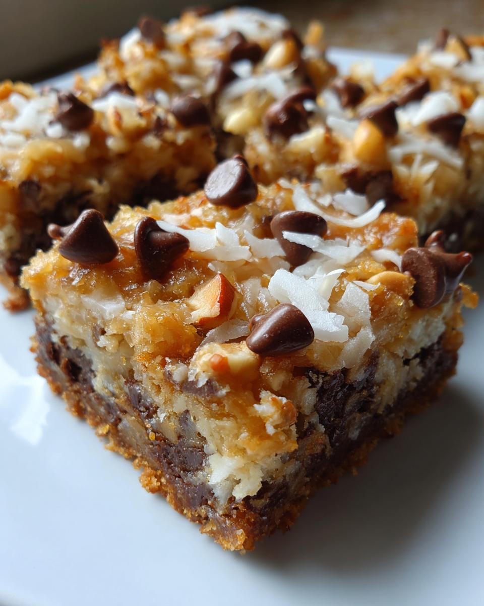A close-up of a single serving of magic cookie bars showing layers of chocolate, coconut, and nuts, topped with chocolate chips.