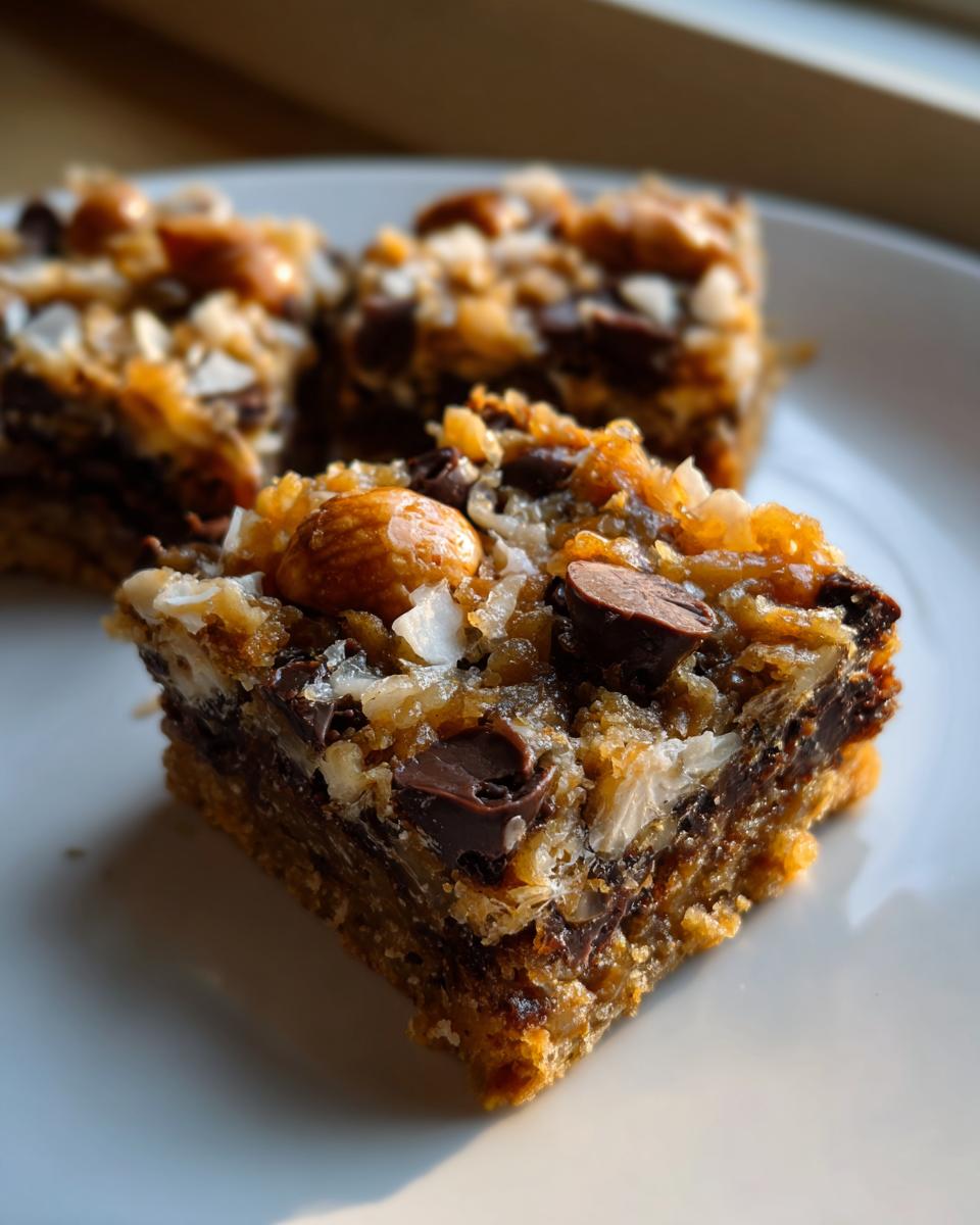 A close-up, angled view of a square portion of magic cookie bars showing layers of crust, chocolate chips, coconut, and almonds.